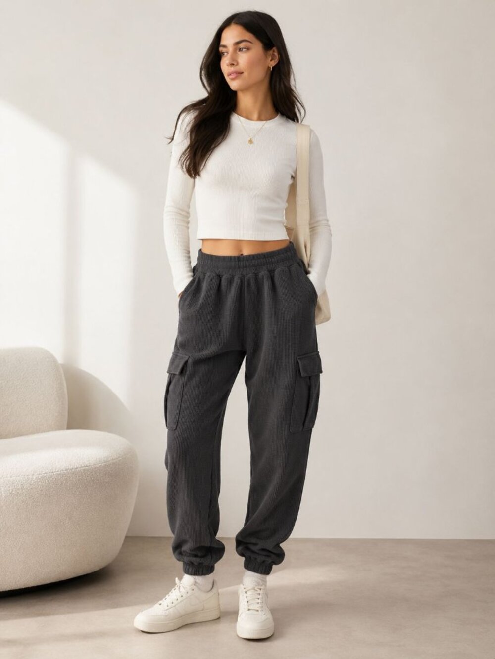 Aerie Waffle Thermal Cargo Joggers Women’s Cozy Streetwear Clean Girl Size XXS